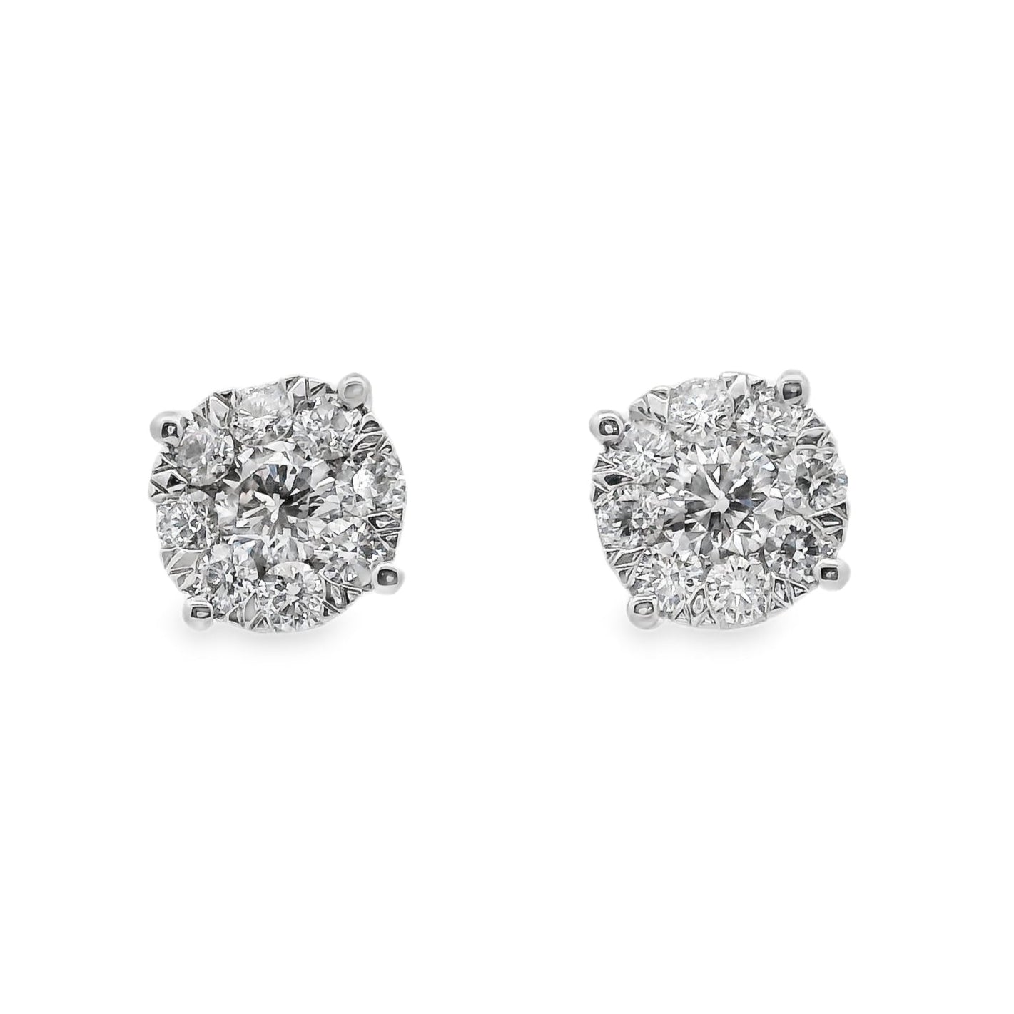 14K White gold diamond earrings with round brilliant centers surrounded by a halo of smaller round brilliant diamonds - item J37823, ABC Jewelry Co.