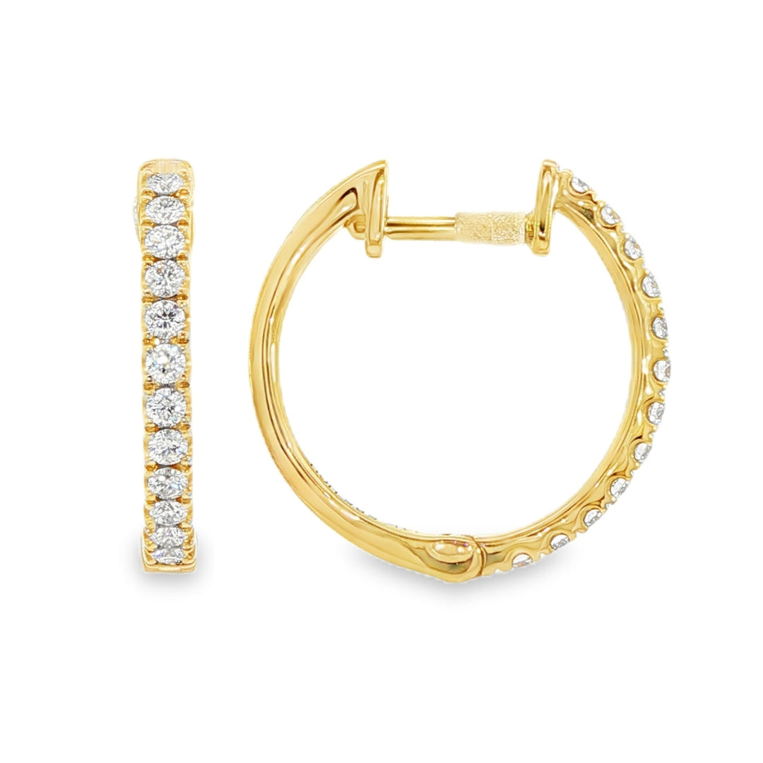 14K Yellow gold hoop earrings set with round brilliant diamonds. Item J38770 - ABC Jewelry Co.