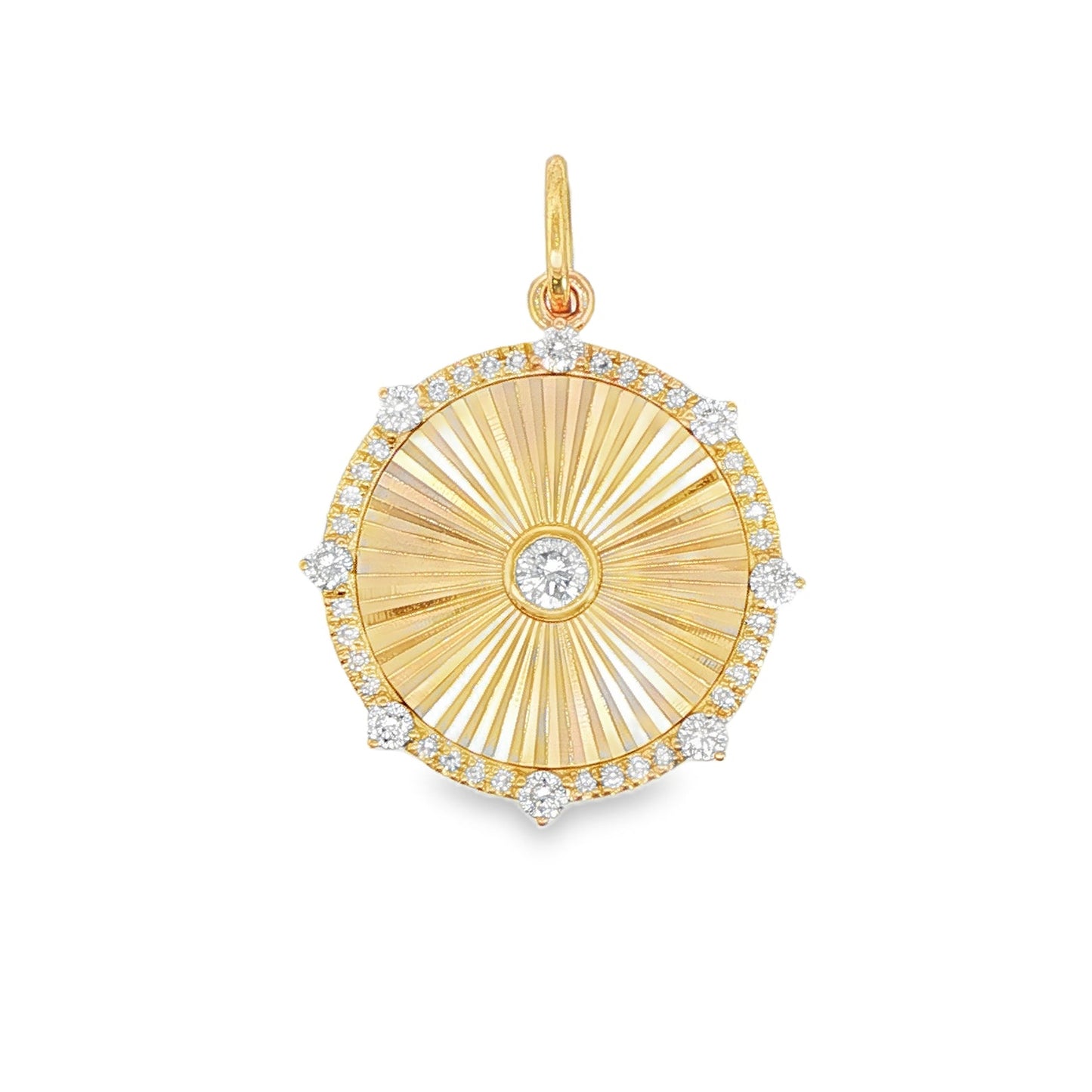 14K Yellow gold sunburst pendant set with round brilliant diamonds. Item J39035 - ABC Jewelry Co.