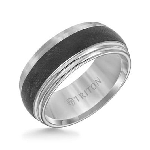 Black and White Tungsten Carbide - Domed Double Step Edge Gents Band - 18180