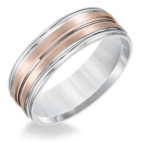 14K White & Rose Gold - Round Edge Carved Wedding Band - 20697