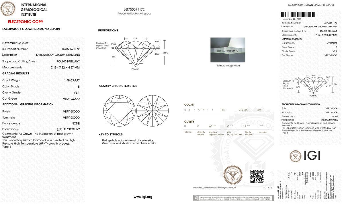 Lab Grown Diamond - Round - 1.49 Carat Weight