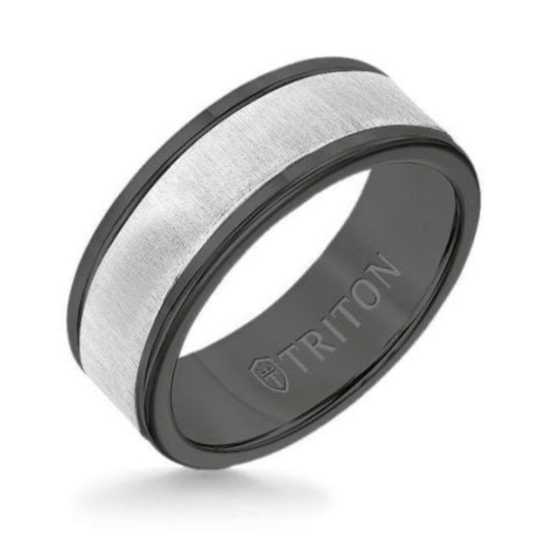 Tungsten & 14K White Gold - Vertical Satin Finish Round Edge Wedding Band - J31631