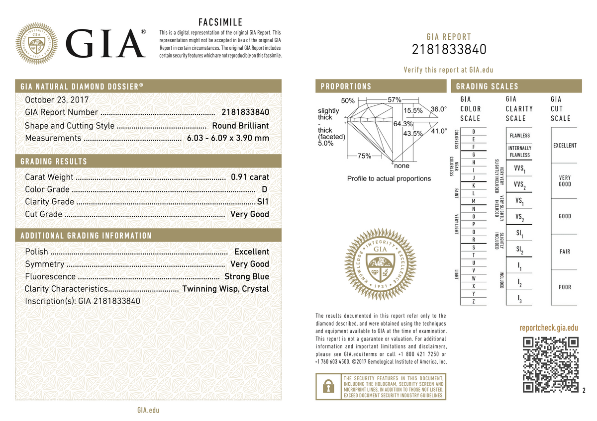 A GIA Natural Diamond Dossier and 2181833840 report card for a round brilliant cut diamond, showing grading results, color grade, clarity, proportions, color wheel, and grading scales.