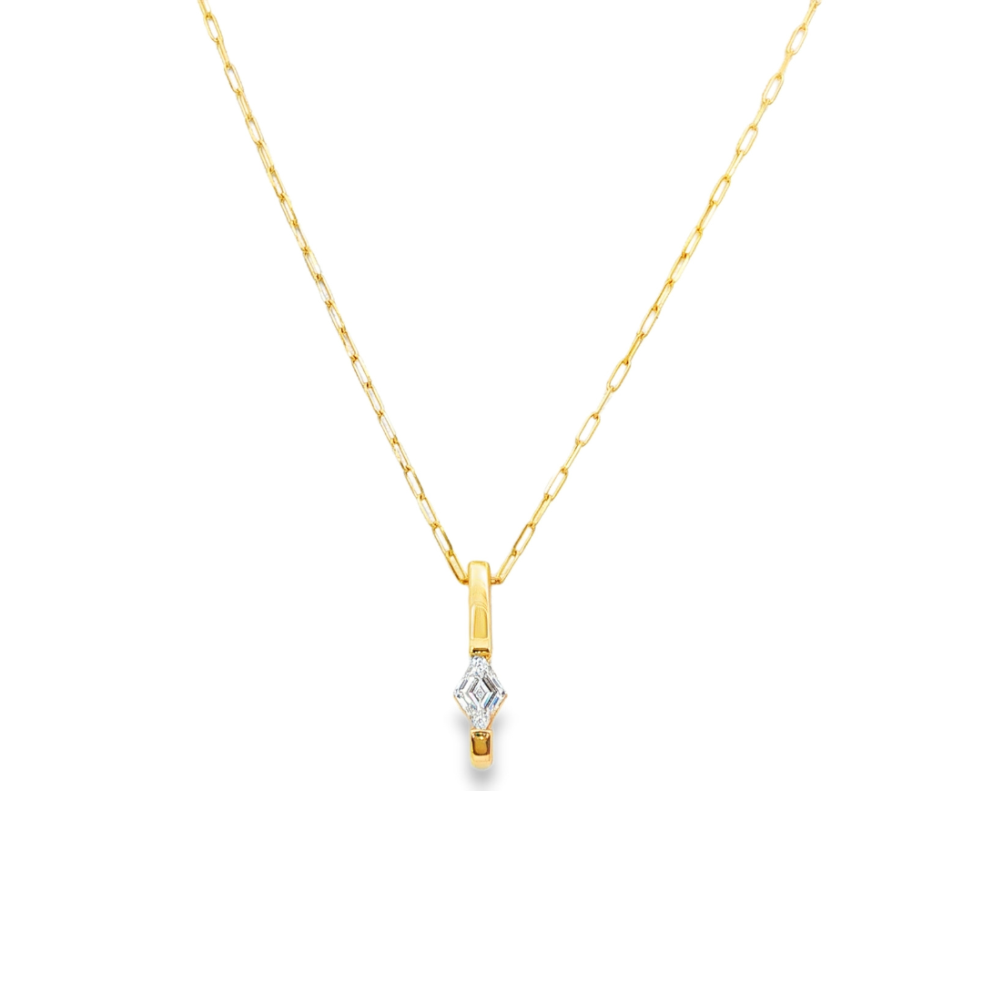 14K Yellow gold necklace with a paper clip chain and bar pendant set with a lozenge cut diamond. Item J37438 - ABC Jewelry Co.