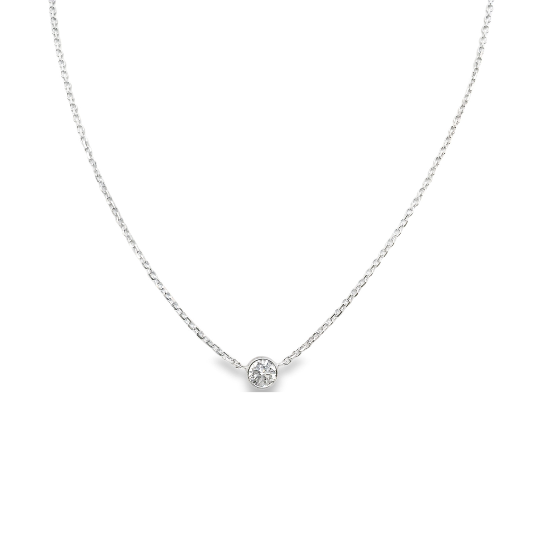 14K White gold solitaire necklace set with bezel set round brilliant diamond - ABC Jewelry Co