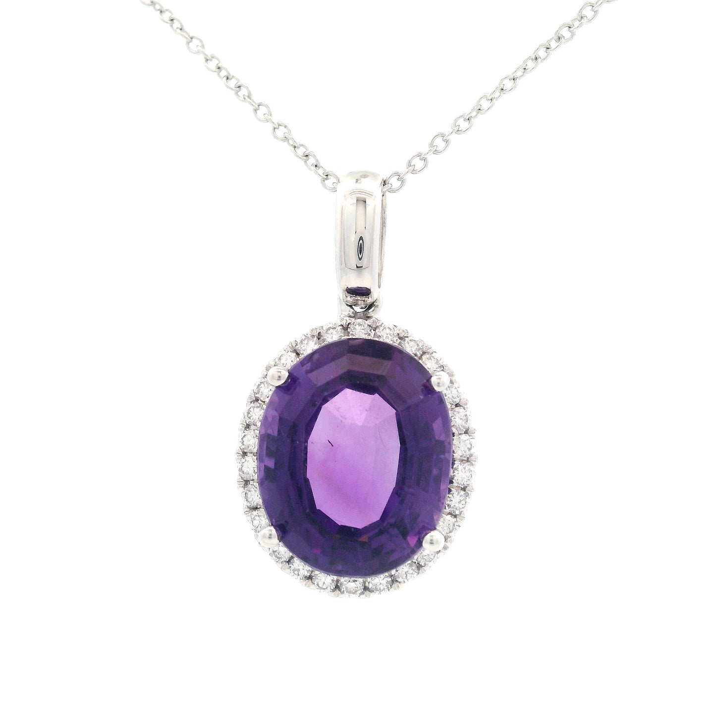 14K White Gold - Amethyst & Diamond Necklace - J37126