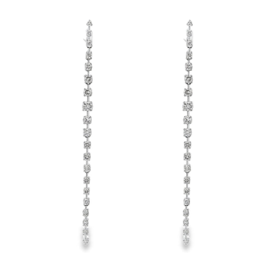 14K White gold long dangle earrings set with round brilliant diamonds. Item J37457 - ABC Jewelry Co