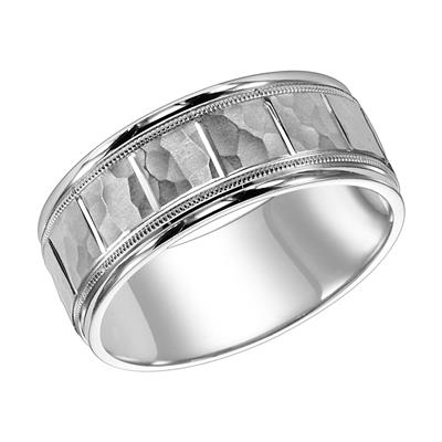 14K White Gold - Flat Round Edge Carved Wedding Band - 17557
