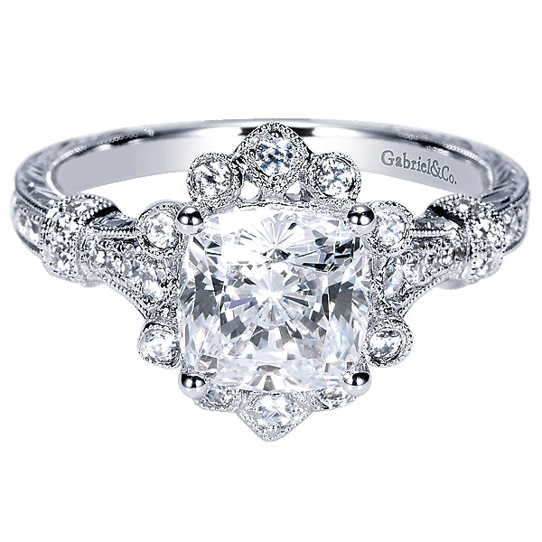 14K White Gold - Victorian Diamond Halo Ring - 19633
