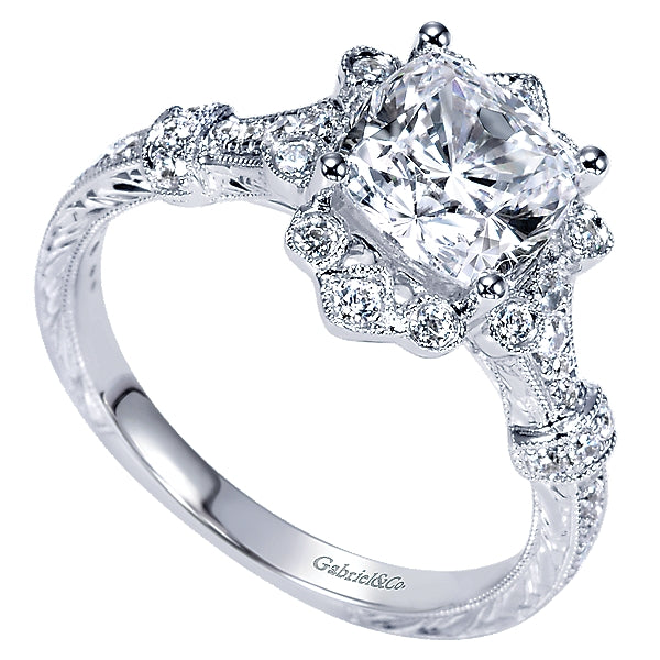 14K White Gold - Victorian Diamond Halo Ring - 19633