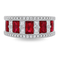 A wide silver band ring featuring large rectangular red gemstones in the center, flanked by pavé-set clear stones, shown on a plain white background.