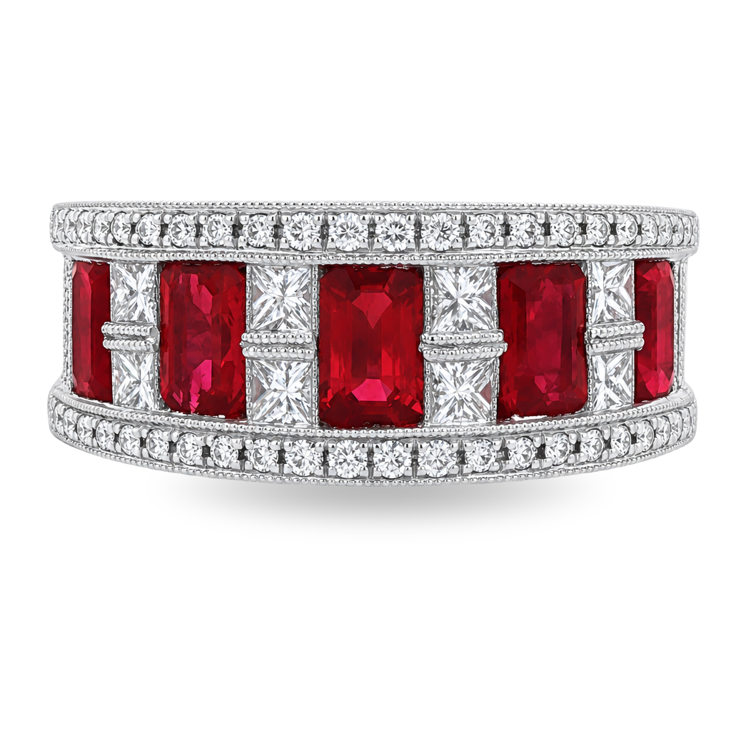 A wide silver band ring featuring large rectangular red gemstones in the center, flanked by pavé-set clear stones, shown on a plain white background.