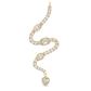 Yellow gold snake shaped pendant set with small round brilliant diamonds interspersed one marquise, emerald cut, oval, and heart shape diamond. Set on clean white background.