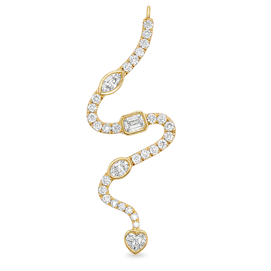 Yellow gold snake shaped pendant set with small round brilliant diamonds interspersed one marquise, emerald cut, oval, and heart shape diamond. Set on clean white background.