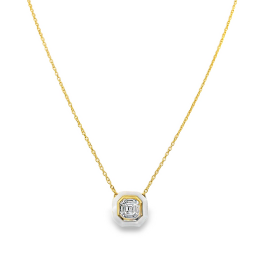 18K Yellow Gold - Invisible Set Diamond & White Agate Necklace - J35005