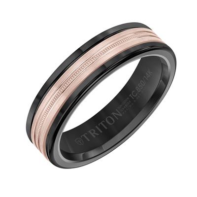 Tungsten & 14K Rose Gold - Milgrain Finish Round Edge Wedding Band - J31614