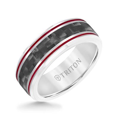 Tungsten Carbide - Bevel Edge Red Carbon Fiber Center Wedding Band - J30037