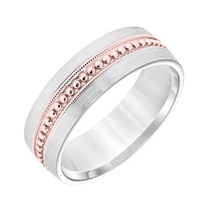 14K Two-Tone Gold - Low Dome Milgrain Edge Carved Wedding Band - 23441