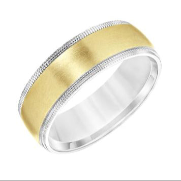14K White & Yellow Gold - Low Dome Milgrain Edge Carved Wedding Band - 23462