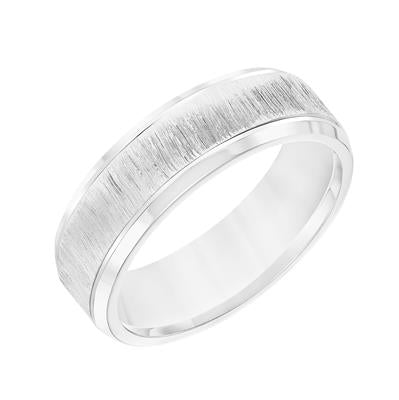 14K White Gold - Flat Round Edge Carved Wedding Band - J30022