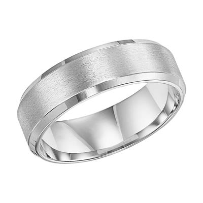 14K White Gold - Flat Bevel Edge Carved Wedding Band - J30027