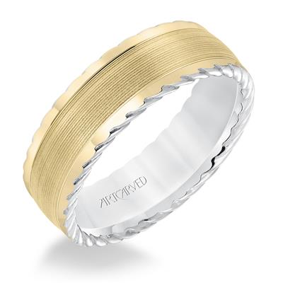 14K Two-Tone Gold - Low Dome Round Edge Carved Wedding Band - J30036