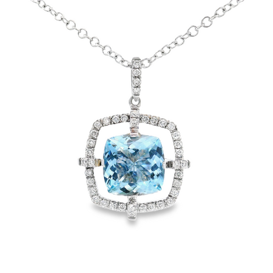 14K White Gold - Diamond & Aquamarine Pendant - 12836