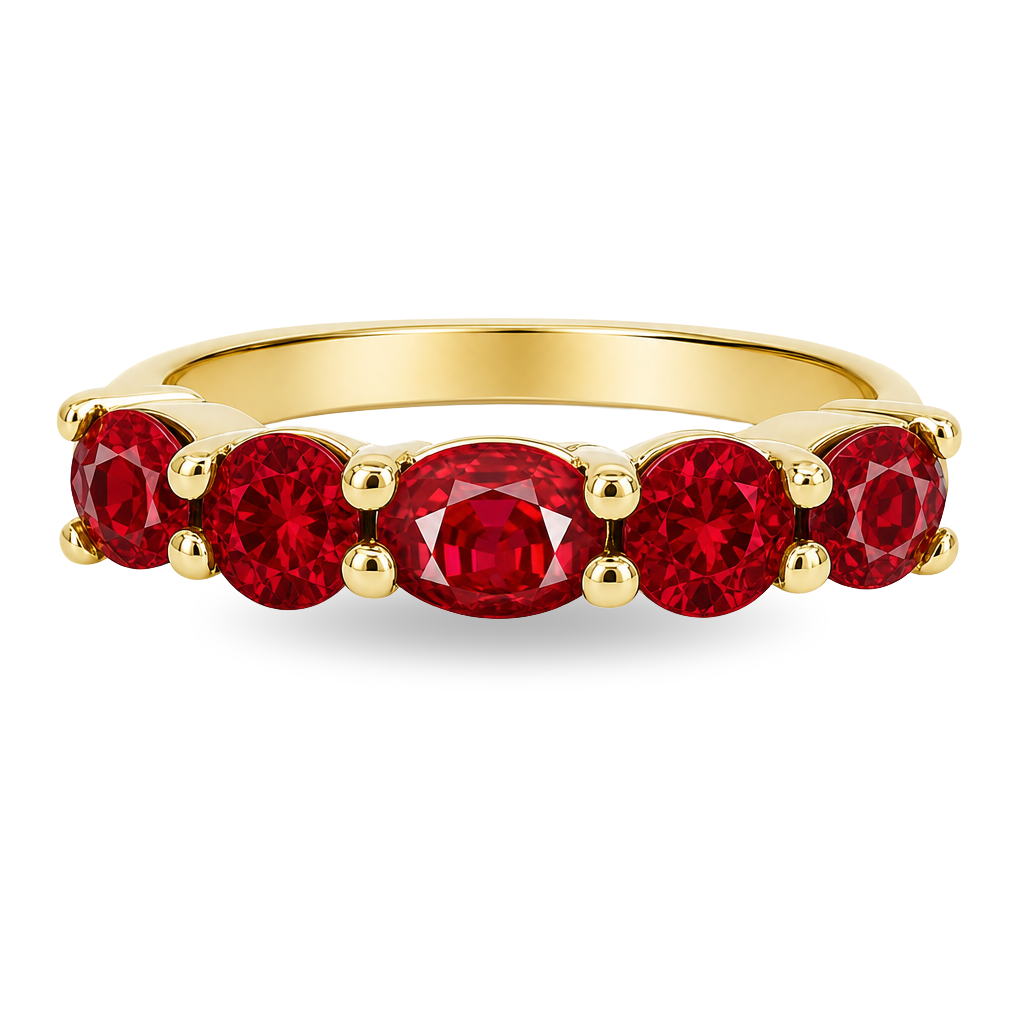 14K Yellow Gold - Five Stone Ruby Ring - J38034