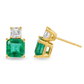 A pair of gold stud earrings featuring a large square-cut emerald gemstone and a smaller square-cut diamond above it, set in yellow gold prong settings on a white background.