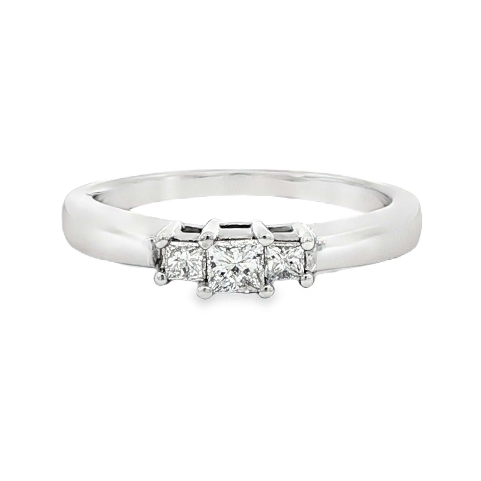14K White gold ring set with 3 princess cut diamonds. Item 13442 - ABC Jewelry Co
