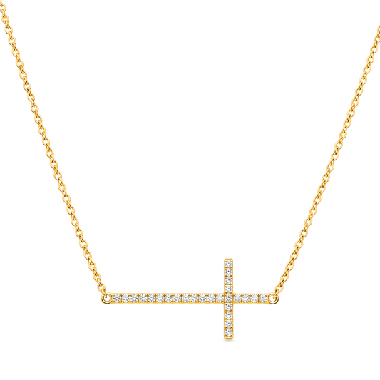 18K Yellow Gold - Sideways Diamond Cross Pendant Necklace