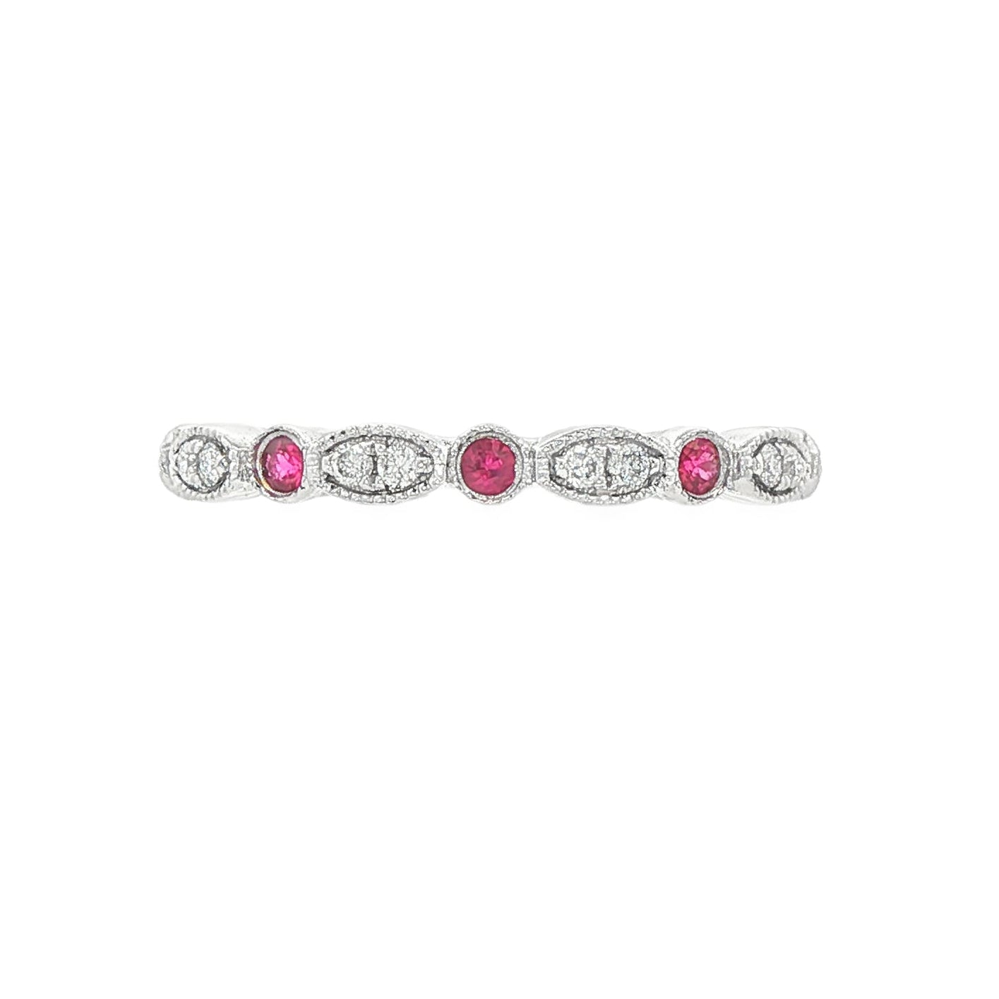 14K White gold band set with round brilliant natural mined diamonds and rubies. Item 17459 - ABC Jewelry Co.