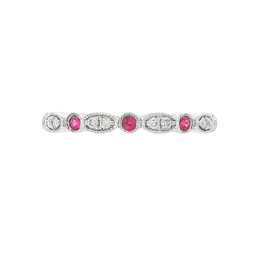 14K White gold band set with round brilliant natural mined diamonds and rubies. Item 17459 - ABC Jewelry Co.