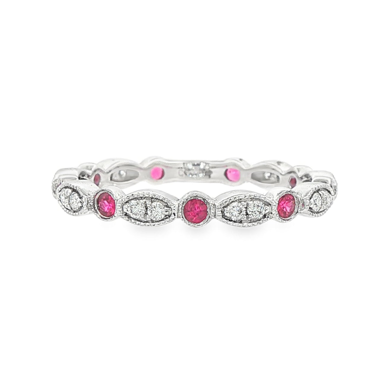 14K White gold band set with round brilliant natural mined diamonds and rubies. Item 17459 - ABC Jewelry Co.