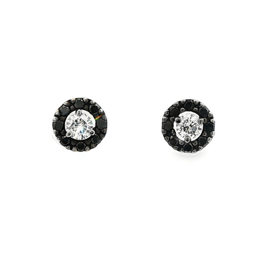 14K White gold earring with round brilliant diamond center stone surrounded by a black diamond halo. Item 19175 - ABC Jewelry Co.
