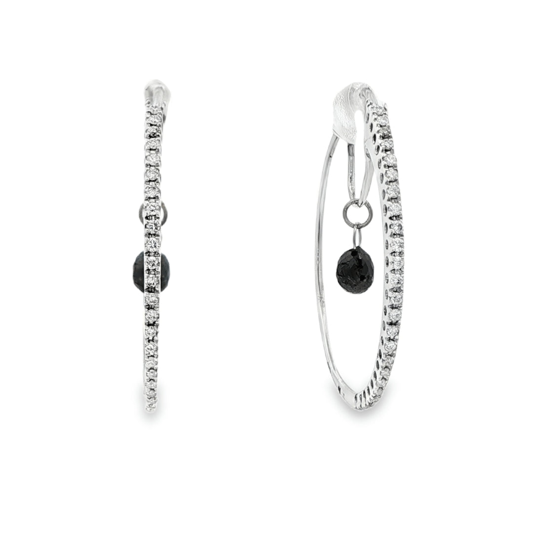 18K White gold diamond set hoop earrings with a black diamond briolette drop in the center of each. Item 19445 - ABC Jewelry Co. 