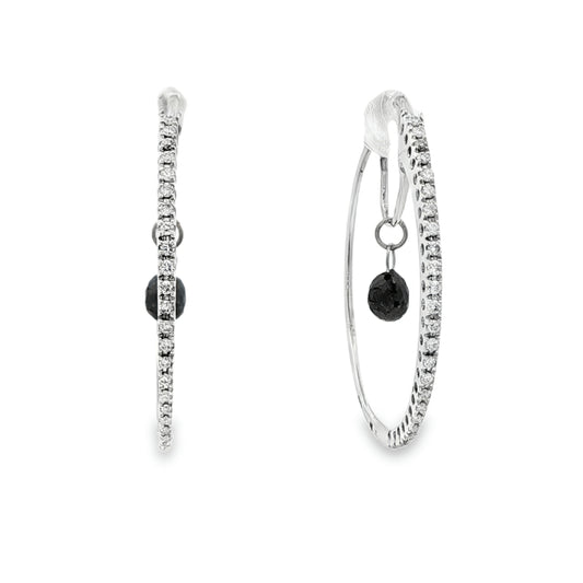 18K White gold diamond set hoop earrings with a black diamond briolette drop in the center of each. Item 19445 - ABC Jewelry Co. 