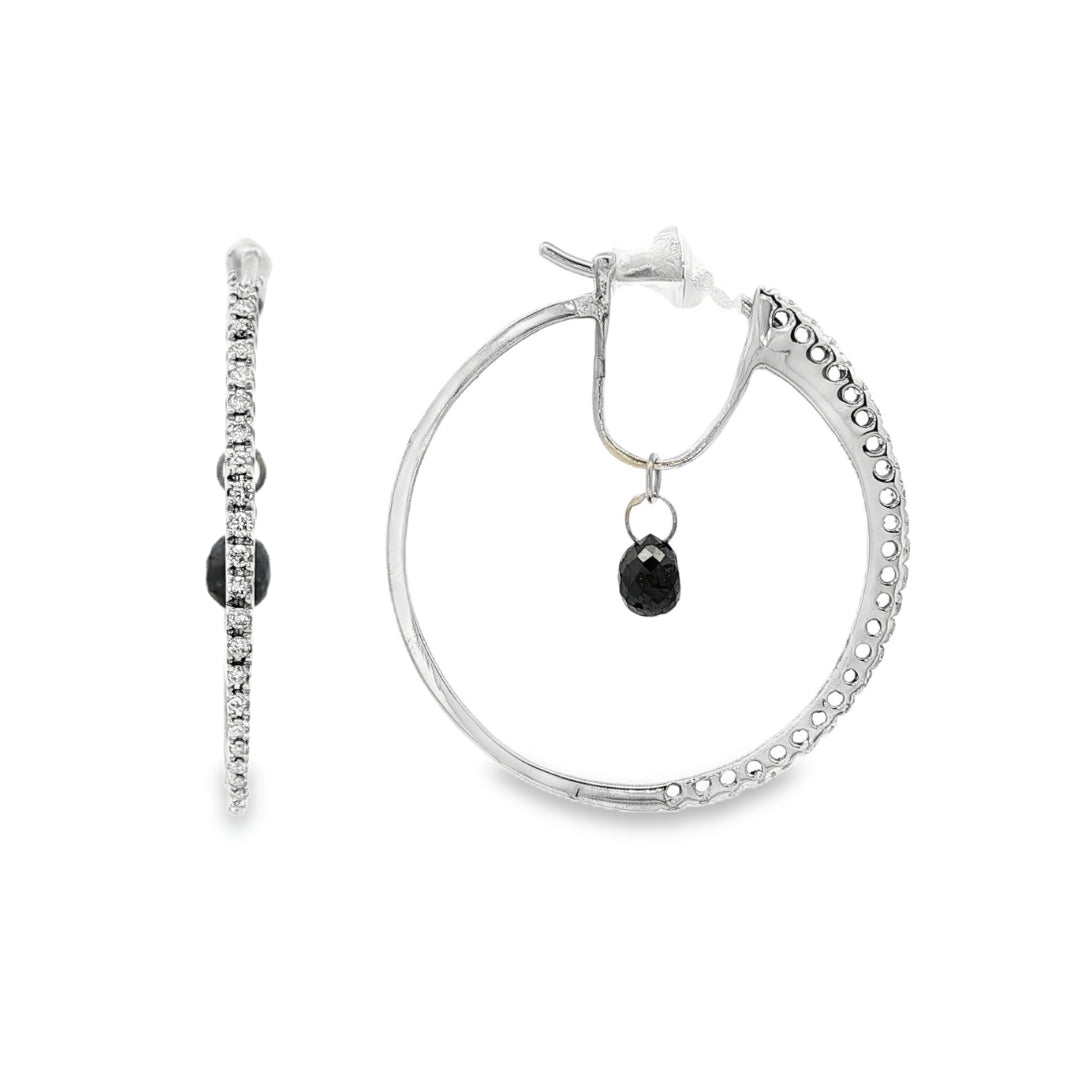 18K White gold diamond set hoop earrings with a black diamond briolette drop in the center of each. Item 19445 - ABC Jewelry Co. 
