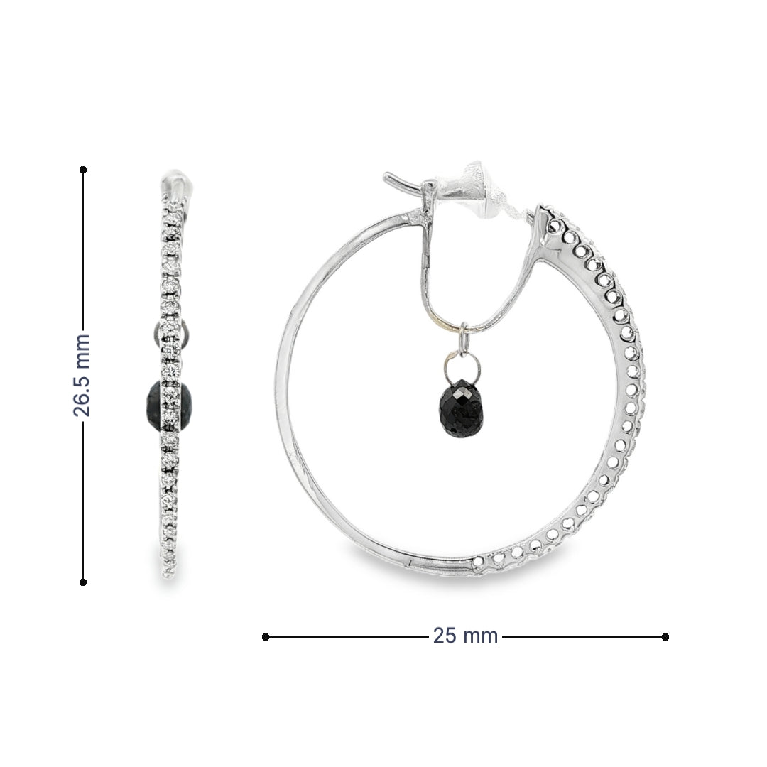 18K White gold diamond set hoop earrings with a black diamond briolette drop in the center of each. Item 19445 - ABC Jewelry Co. 