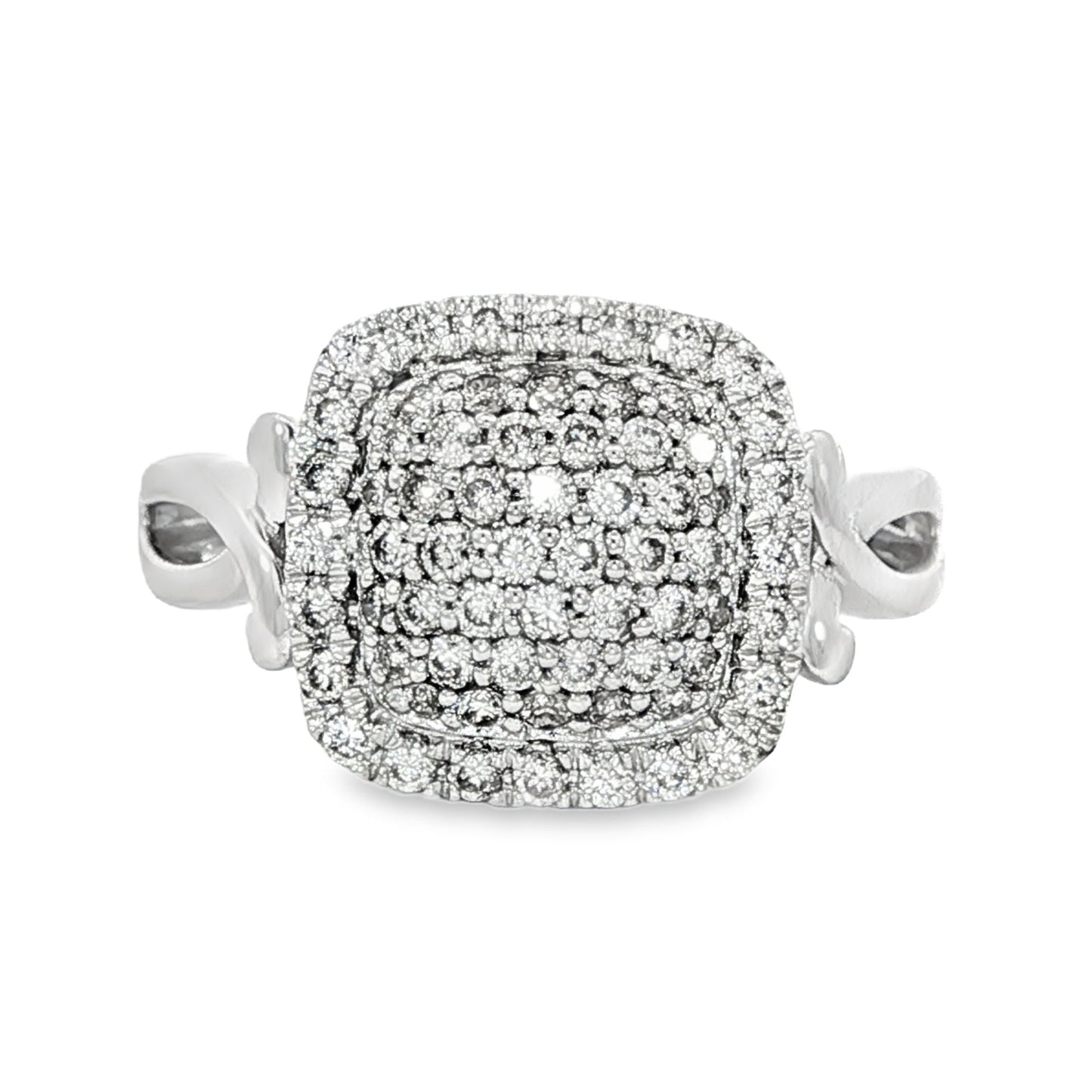 14K White gold cushion shaped pavé diamond cluster ring. Item 19639 - ABC Jewelry Co