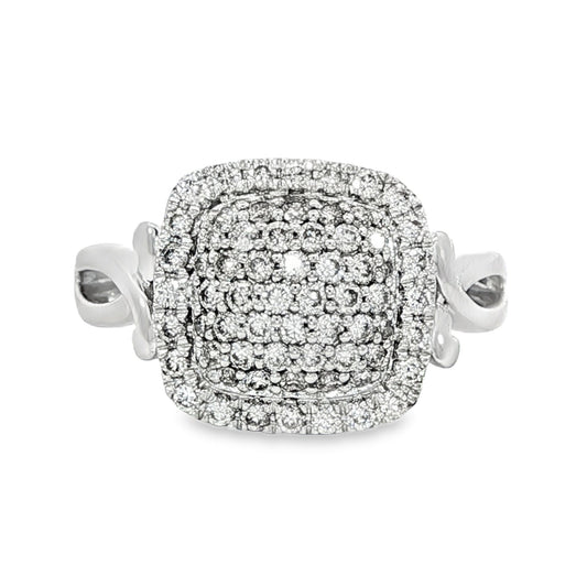14K White gold cushion shaped pavé diamond cluster ring. Item 19639 - ABC Jewelry Co