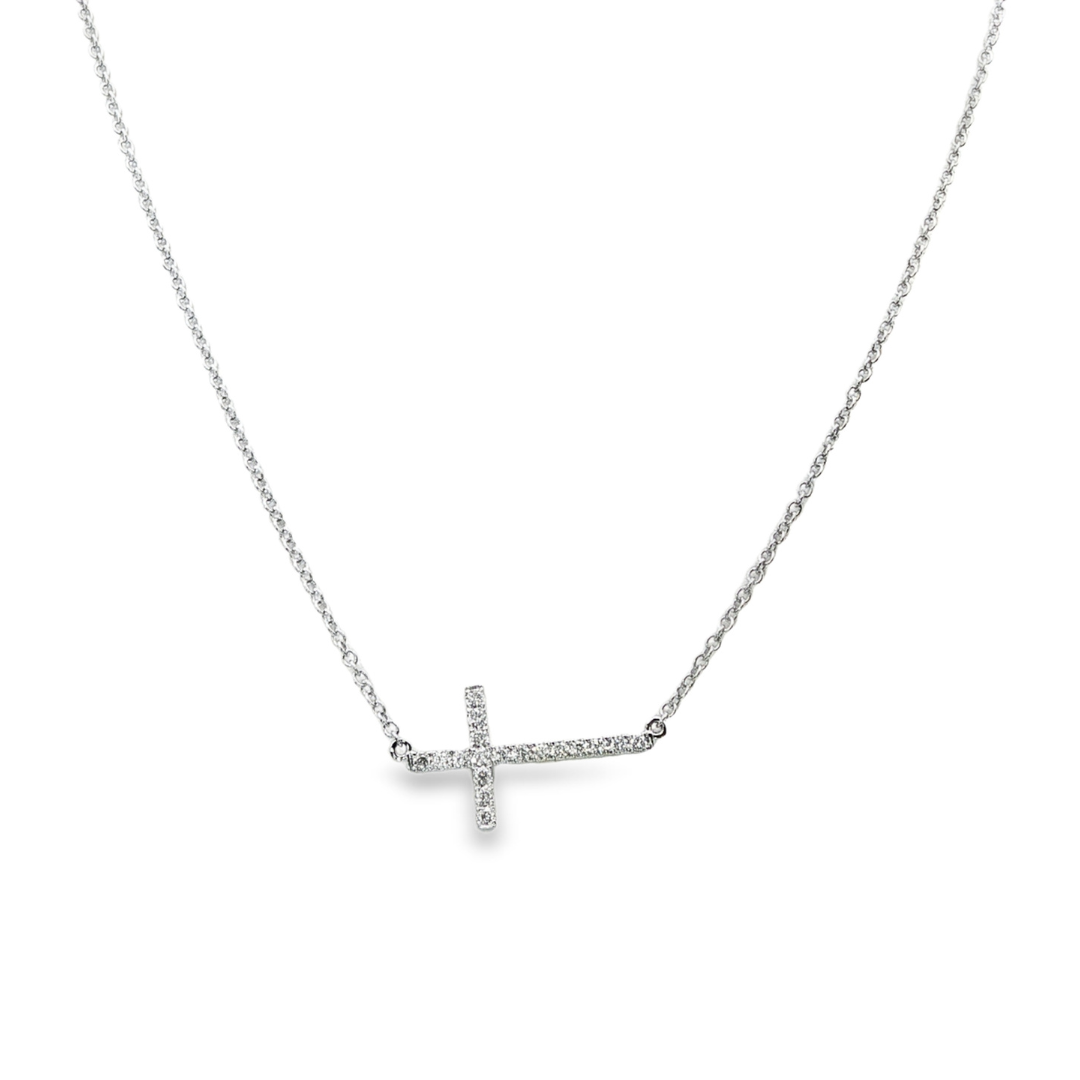 18K White gold necklace with horizontal cross pendant set with diamonds. Item J37487 - ABC Jewelry Co. 