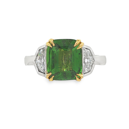 14K white & yellow gold ring set with a green tsavorite center stone and two Cadillac cut diamonds. Item #J36895 - ABC Jewelry Co.
