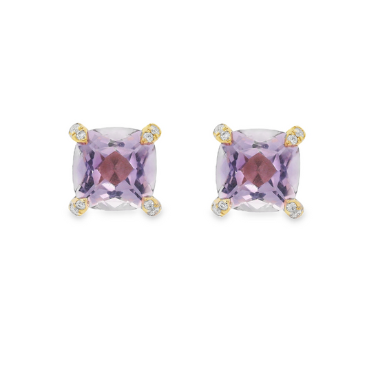14K Yellow Gold - Pink Amethyst & Diamond Earrings - J37500