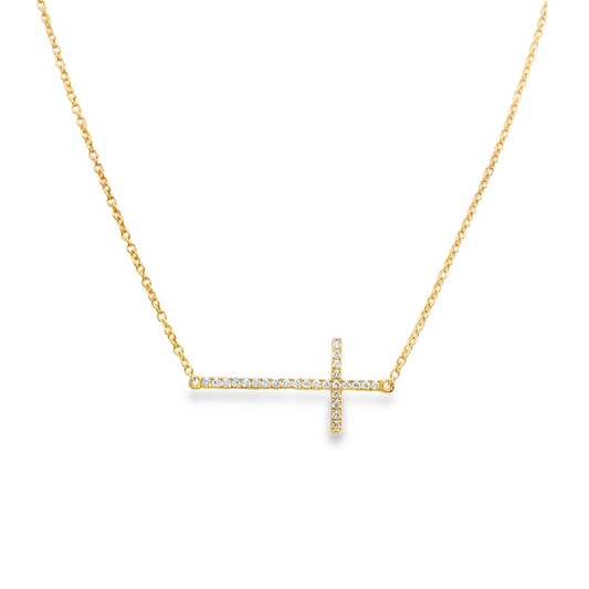 18K Yellow gold necklace with diamond set horizontal cross pendant. Item J36131 - ABC Jewelry Co.