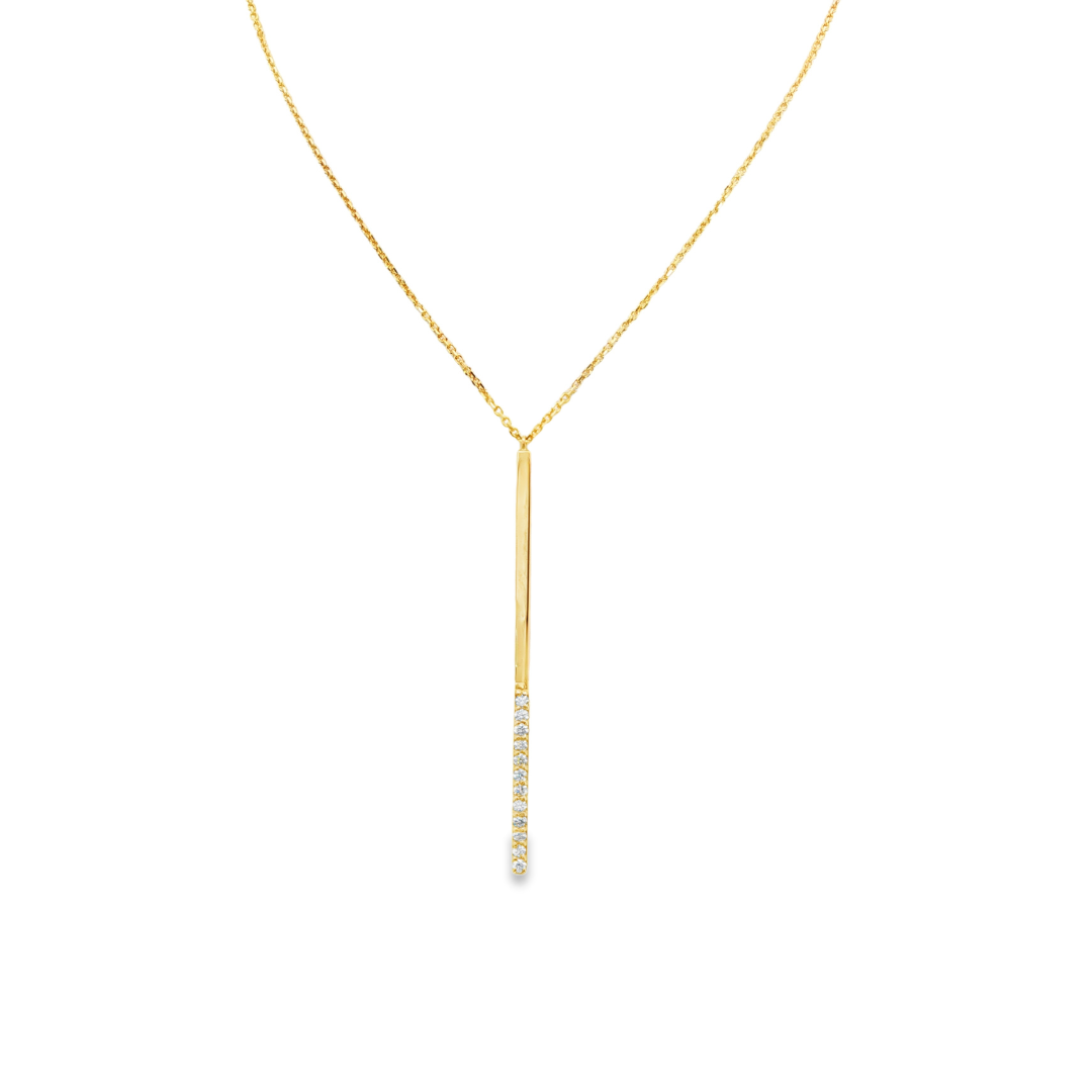 14K Yellow gold necklace with bar pendant set with round brilliant diamonds. Item J37230 - ABC Jewelry Co.