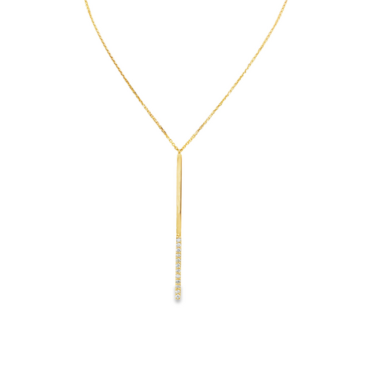 14K Yellow gold necklace with bar pendant set with round brilliant diamonds. Item J37230 - ABC Jewelry Co.