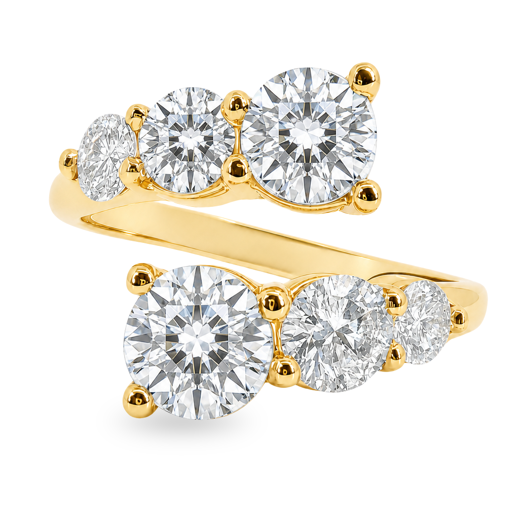 A yellow gold wrap-style ring featuring three round brilliant-cut diamonds on the top and three smaller round diamonds on the bottom, set against a clean white background.