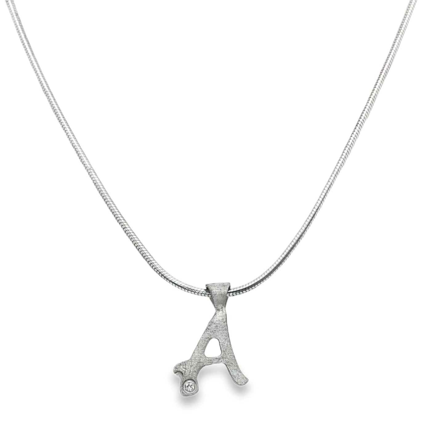 Sterling silver necklace with initial "A" pendant, set with 1 round brilliant diamond. Item 21189 - ABC Jewelry Co.